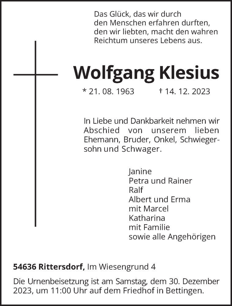  Traueranzeige für Wolfgang Klesius vom 23.12.2023 aus trierischer_volksfreund