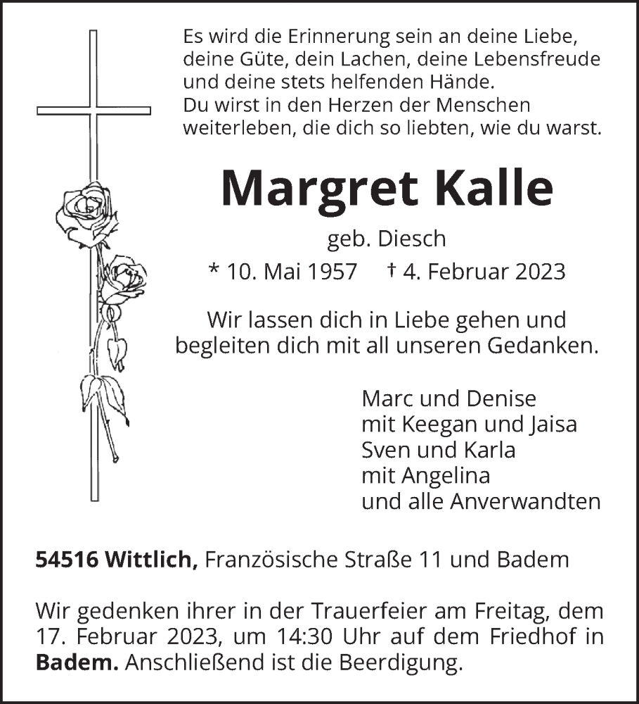  Traueranzeige für Margret Kalle vom 09.02.2023 aus trierischer_volksfreund