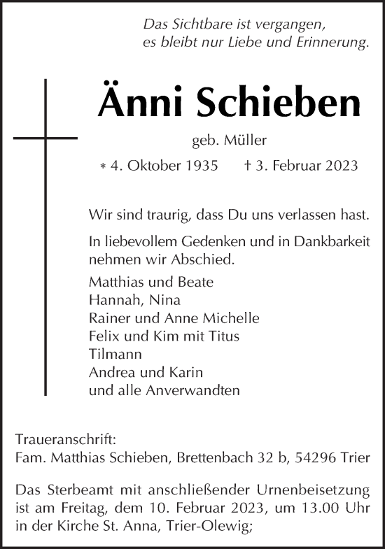 Traueranzeige von Änni Schieben von trierischer_volksfreund