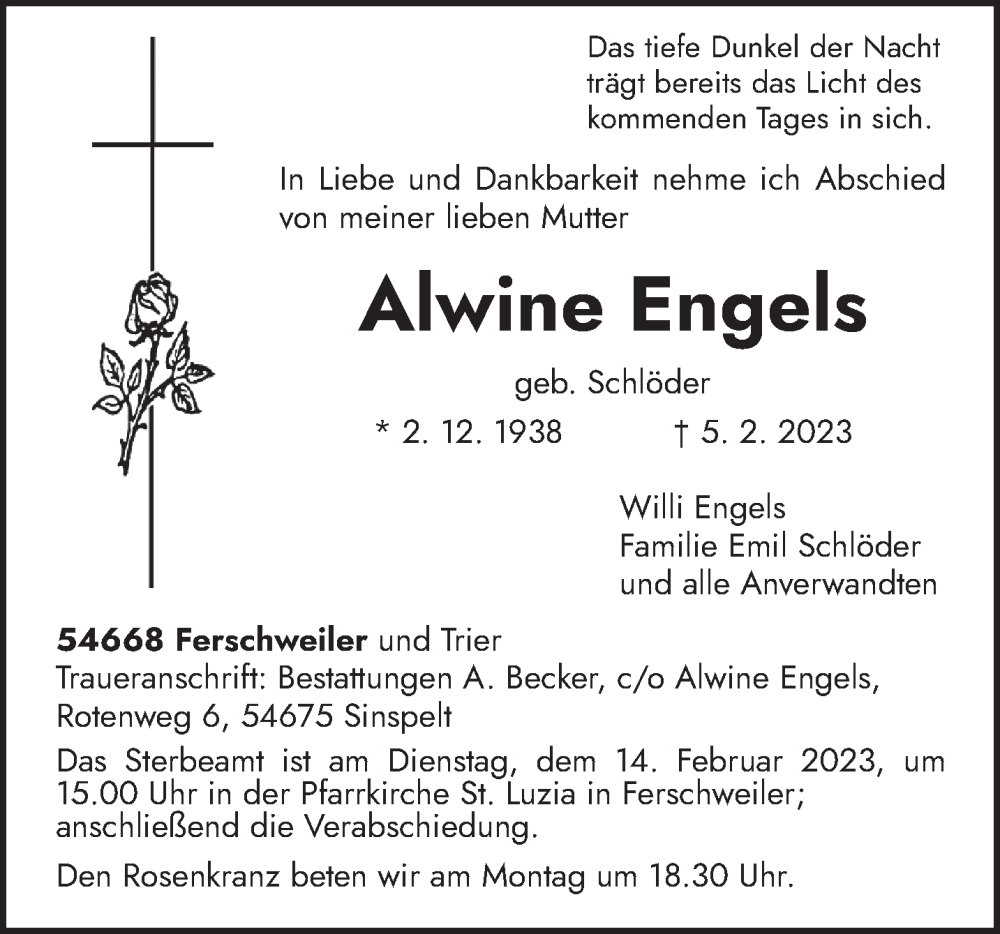  Traueranzeige für Alwine Engels vom 10.02.2023 aus trierischer_volksfreund