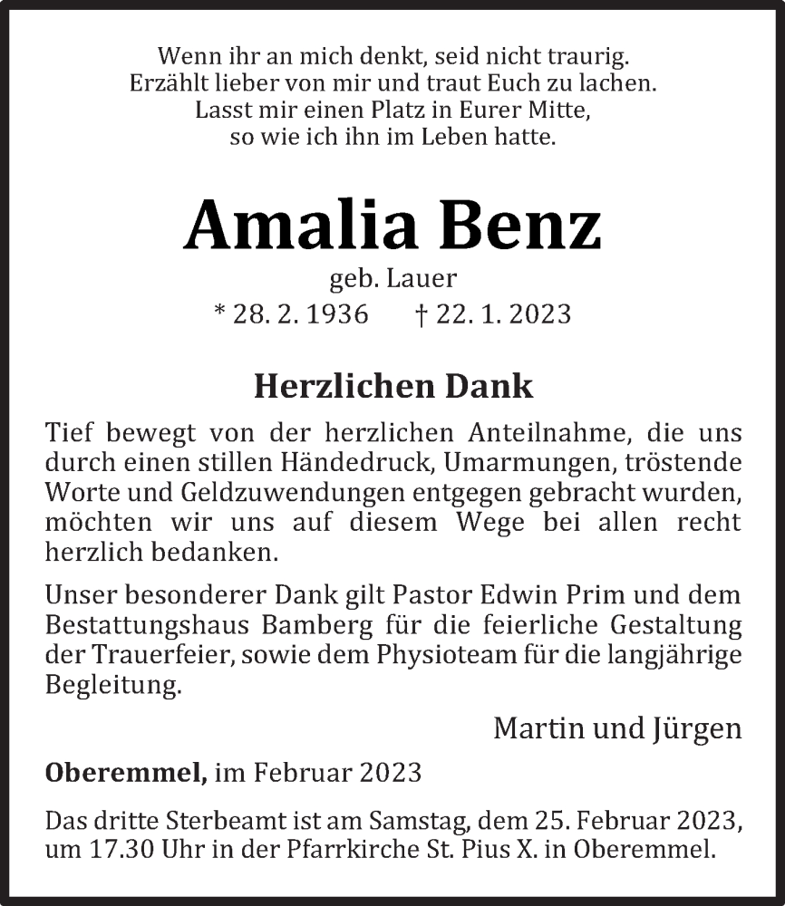  Traueranzeige für Amalia Benz vom 18.02.2023 aus trierischer_volksfreund