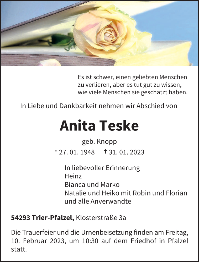  Traueranzeige für Anita Teske vom 04.02.2023 aus trierischer_volksfreund