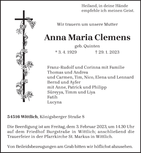 Traueranzeige von Anna Maria Clemens von trierischer_volksfreund