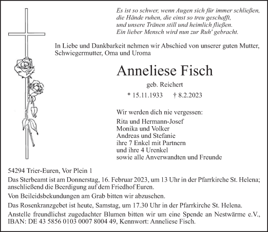 Traueranzeige von Anneliese Fisch von trierischer_volksfreund