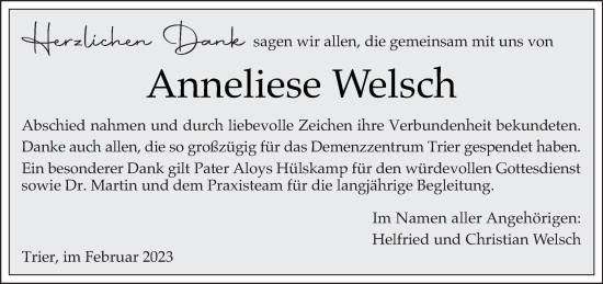Traueranzeige von Anneliese Welsch von trierischer_volksfreund