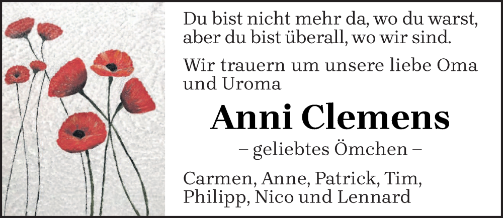  Traueranzeige für Anni Clemens vom 01.02.2023 aus trierischer_volksfreund