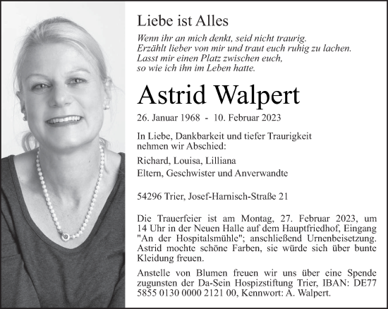 Traueranzeige von Astrid Walpert von trierischer_volksfreund