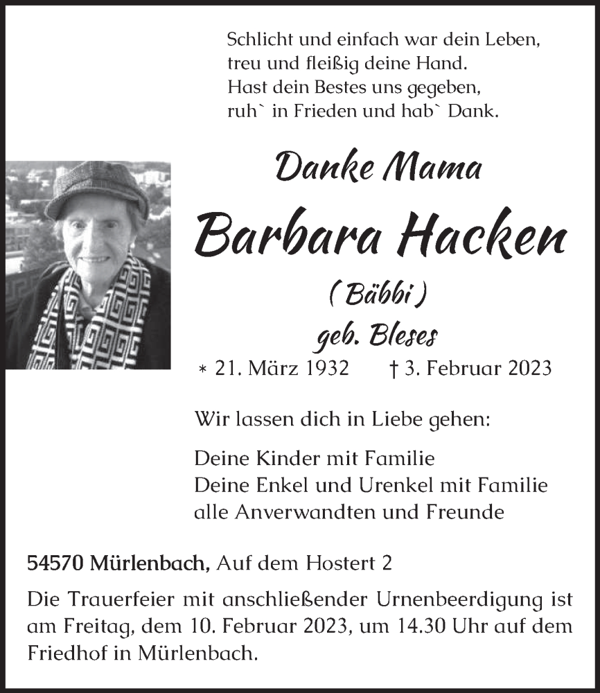  Traueranzeige für Barbara Hacken vom 06.02.2023 aus trierischer_volksfreund