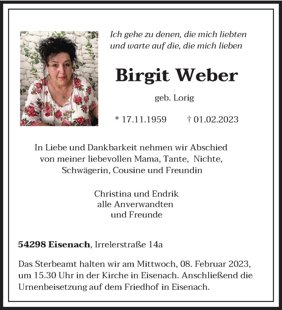  Traueranzeige für Birgit Weber vom 04.02.2023 aus trierischer_volksfreund