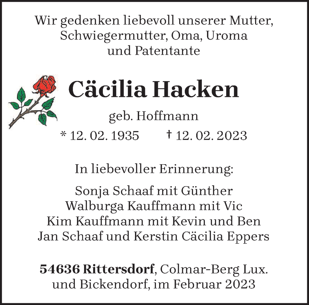  Traueranzeige für Cäcilia Hacken vom 15.02.2023 aus trierischer_volksfreund