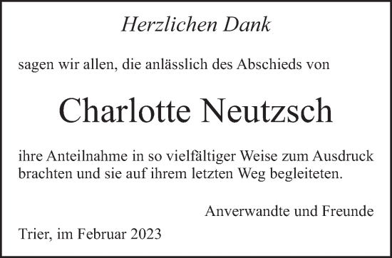 Traueranzeige von Charlotte Neutzsch von trierischer_volksfreund