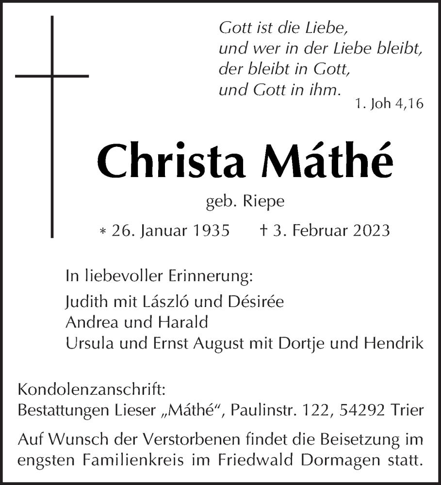  Traueranzeige für Christa Máthé vom 11.02.2023 aus trierischer_volksfreund