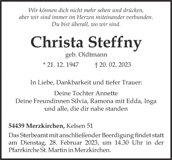 Traueranzeige von Christa Steffny von trierischer_volksfreund
