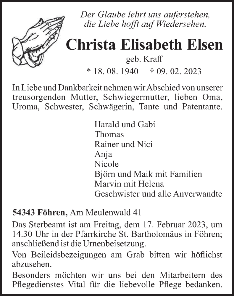  Traueranzeige für Christa Elisabeth Elsen vom 14.02.2023 aus trierischer_volksfreund
