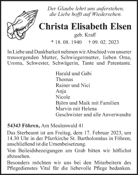 Traueranzeige von Christa Elisabeth Elsen von trierischer_volksfreund