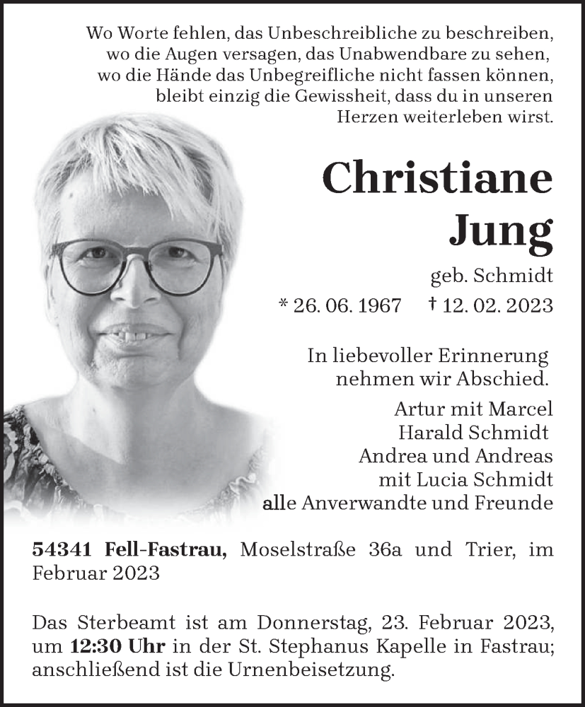  Traueranzeige für Christiane Jung vom 18.02.2023 aus trierischer_volksfreund
