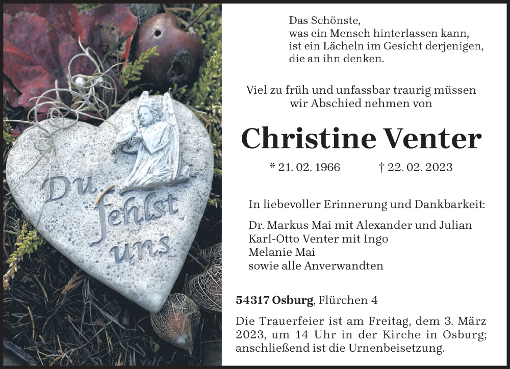  Traueranzeige für Christine Venter vom 27.02.2023 aus trierischer_volksfreund