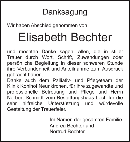Traueranzeige von Elisabeth Bechter von trierischer_volksfreund