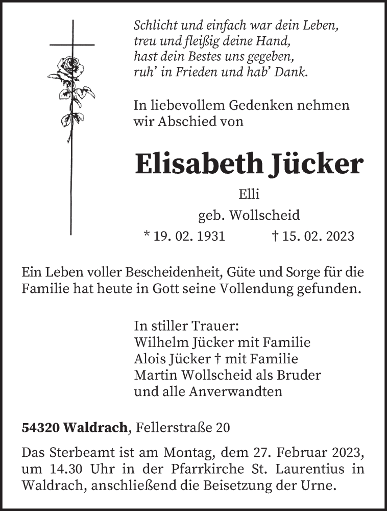  Traueranzeige für Elisabeth Jücker vom 25.02.2023 aus trierischer_volksfreund