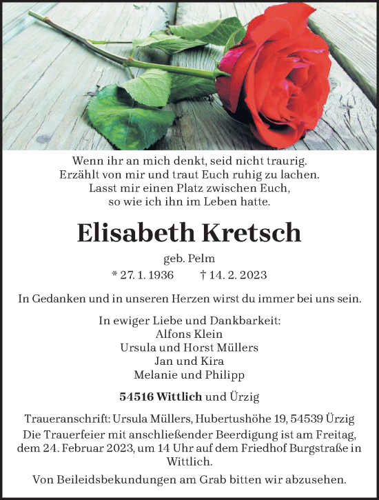 Traueranzeige von Elisabeth Kretsch von trierischer_volksfreund