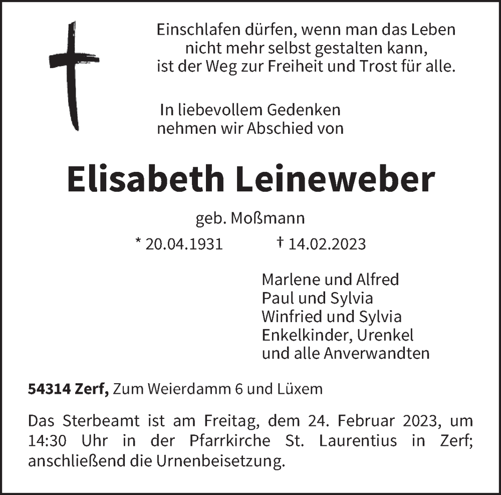  Traueranzeige für Elisabeth Leineweber vom 22.02.2023 aus trierischer_volksfreund