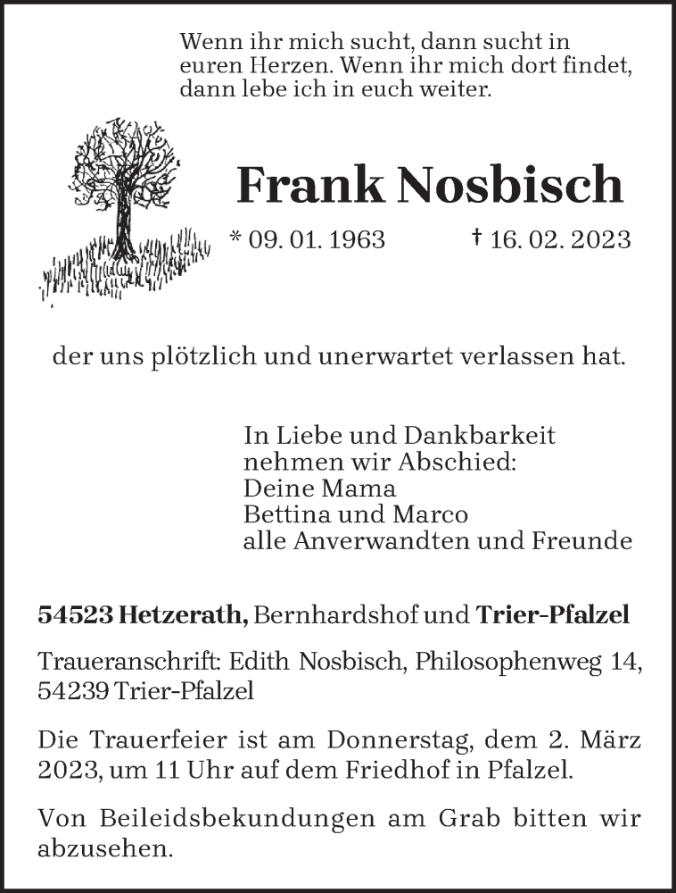  Traueranzeige für Frank Nosbisch vom 25.02.2023 aus trierischer_volksfreund