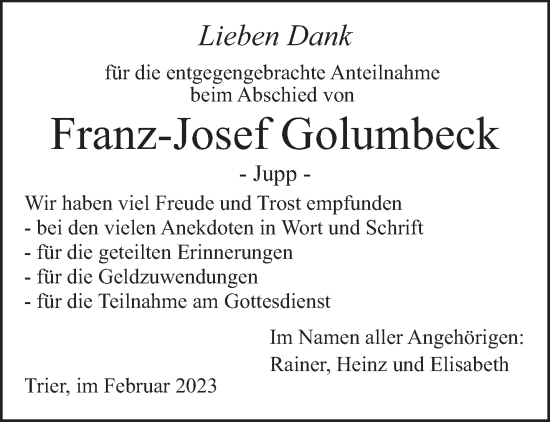 Traueranzeige von Franz-Josef Golumbeck von trierischer_volksfreund
