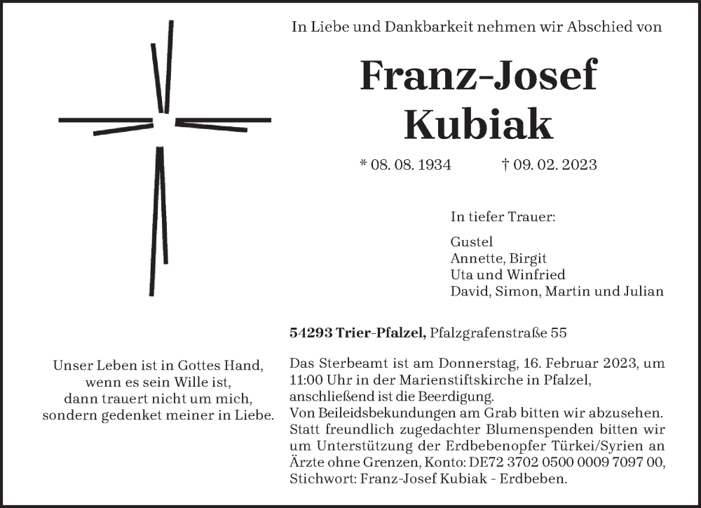  Traueranzeige für Franz-Josef Kubiak vom 14.02.2023 aus trierischer_volksfreund
