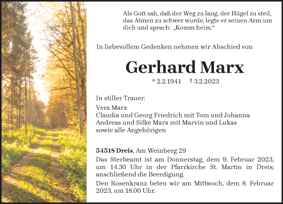 Traueranzeige von Gerhard Marx von trierischer_volksfreund