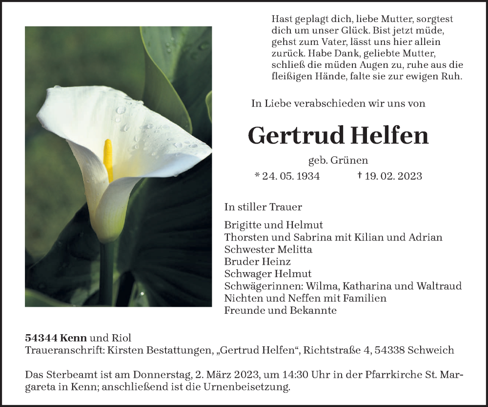  Traueranzeige für Gertrud Helfen vom 25.02.2023 aus trierischer_volksfreund