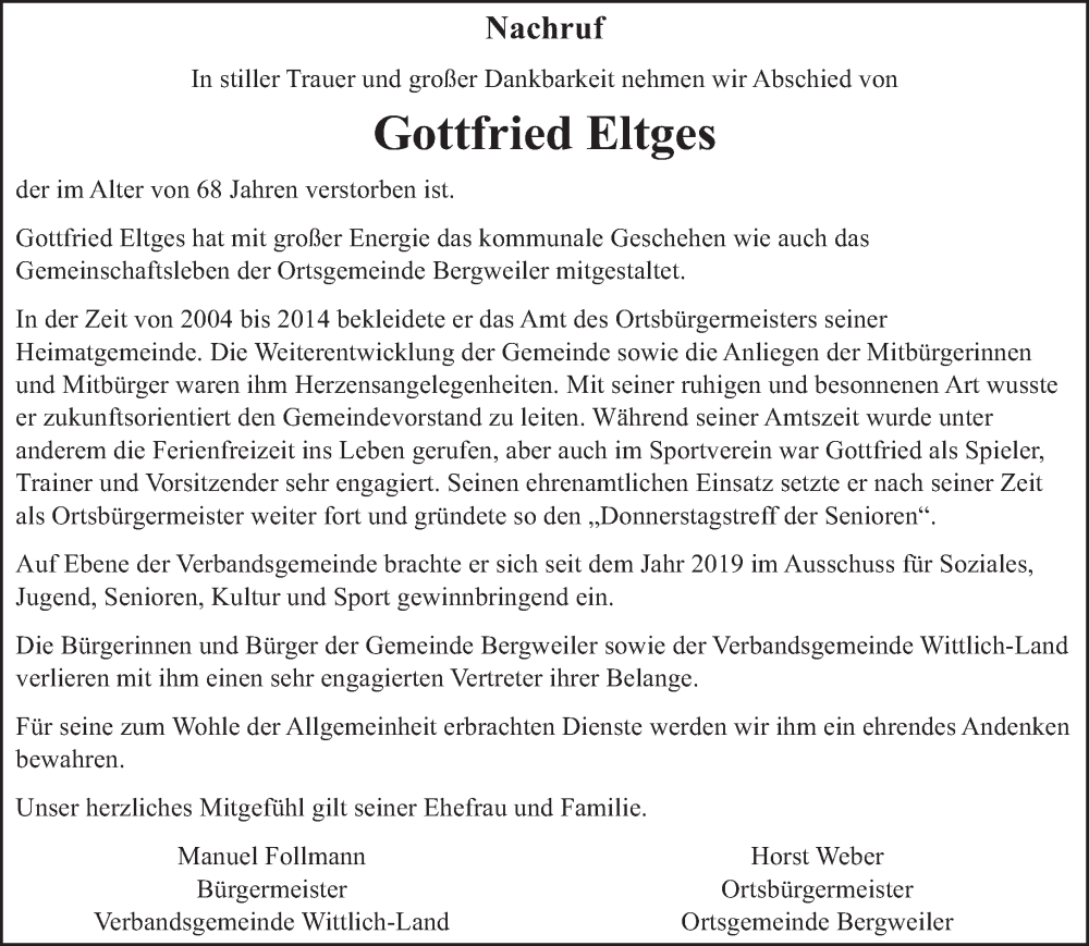  Traueranzeige für Gottfried Eltges vom 01.02.2023 aus trierischer_volksfreund