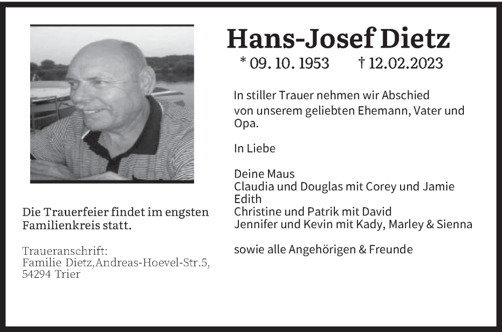  Traueranzeige für Hans-Josef Dietz vom 15.02.2023 aus trierischer_volksfreund