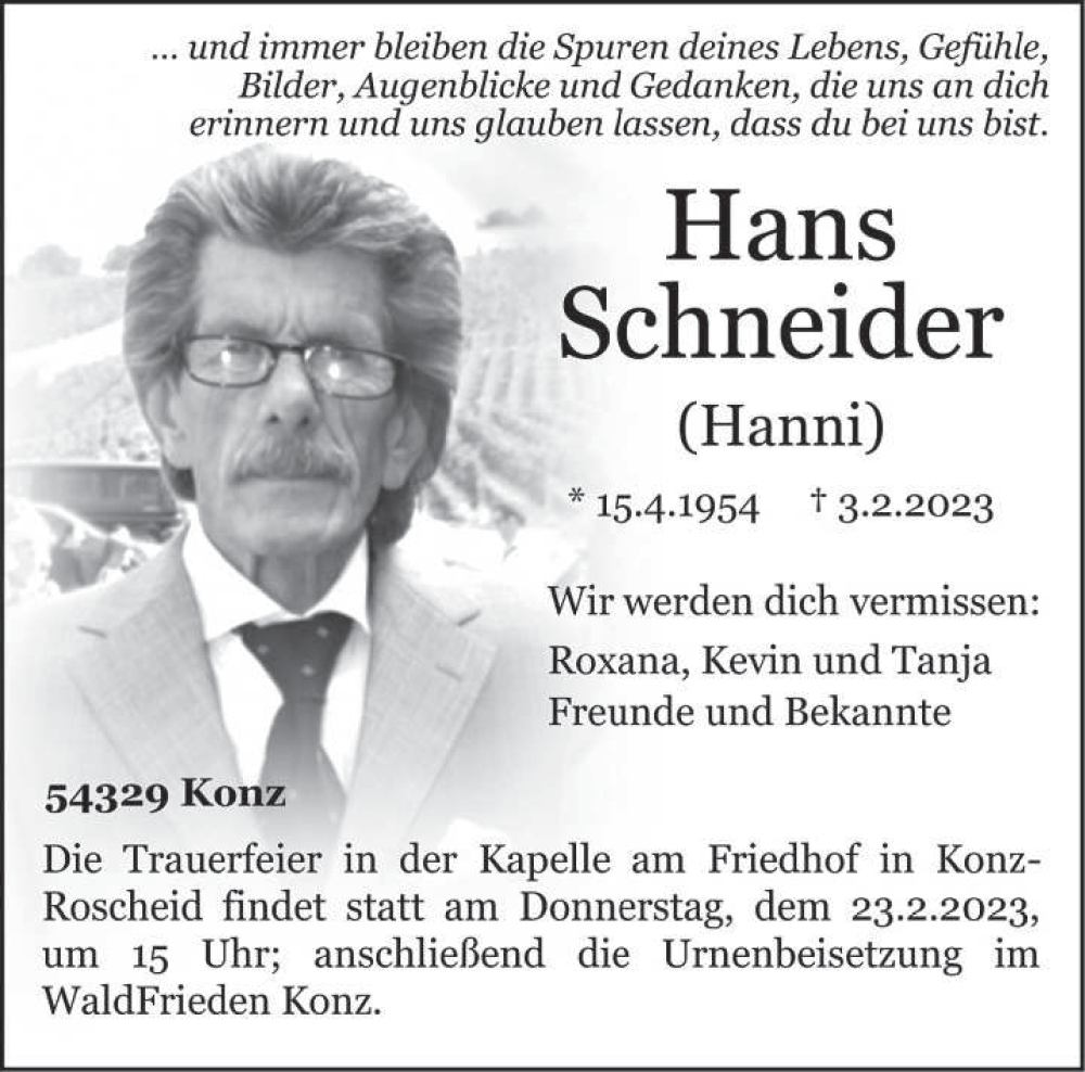  Traueranzeige für Hans Schneider vom 18.02.2023 aus trierischer_volksfreund