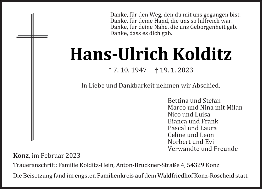  Traueranzeige für Hans-Ulrich Kolditz vom 02.02.2023 aus trierischer_volksfreund