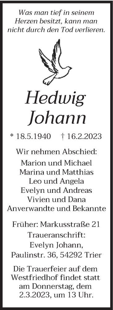 Traueranzeige von Hedwig Johann von trierischer_volksfreund