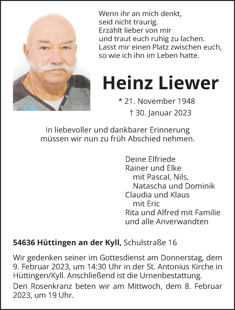  Traueranzeige für Heinz Liewer vom 03.02.2023 aus trierischer_volksfreund