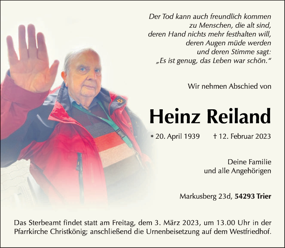  Traueranzeige für Heinz Reiland vom 25.02.2023 aus trierischer_volksfreund