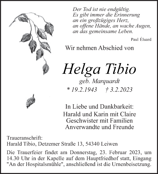Traueranzeige von Helga Tibio von trierischer_volksfreund