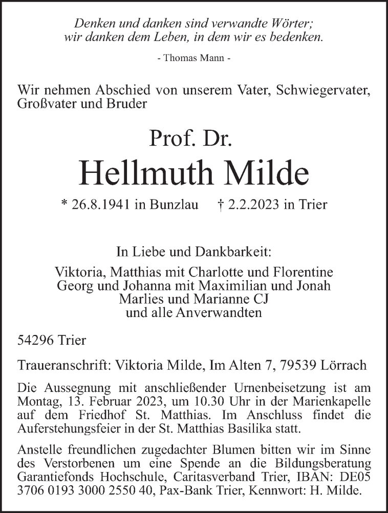  Traueranzeige für Hellmuth Milde vom 08.02.2023 aus trierischer_volksfreund