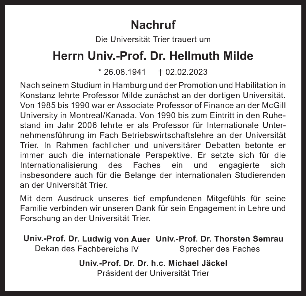  Traueranzeige für Hellmuth Milde vom 11.02.2023 aus trierischer_volksfreund