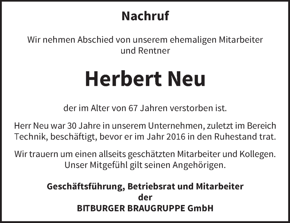  Traueranzeige für Herbert Neu vom 18.02.2023 aus trierischer_volksfreund
