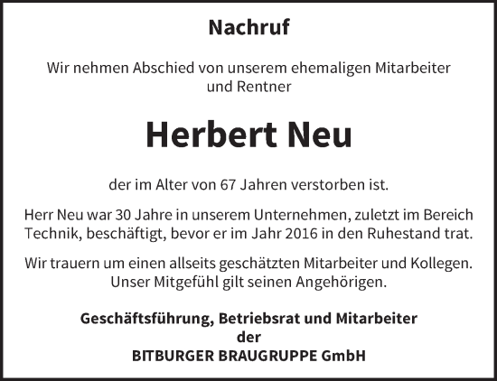 Traueranzeige von Herbert Neu von trierischer_volksfreund