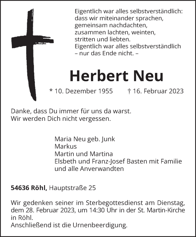  Traueranzeige für Herbert Neu vom 18.02.2023 aus trierischer_volksfreund