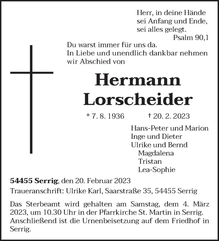  Traueranzeige für Hermann Lorscheider vom 25.02.2023 aus trierischer_volksfreund
