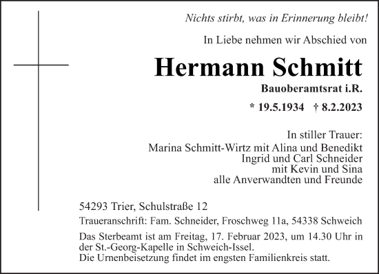 Traueranzeige von Hermann Schmitt von trierischer_volksfreund