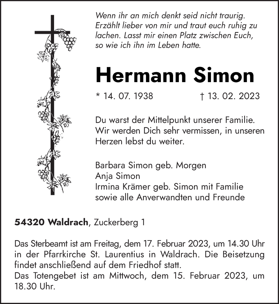  Traueranzeige für Hermann Simon vom 15.02.2023 aus trierischer_volksfreund