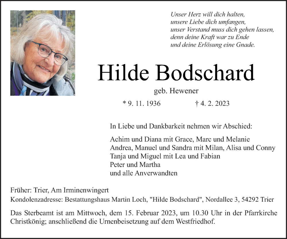  Traueranzeige für Hilde Bodschard vom 11.02.2023 aus trierischer_volksfreund