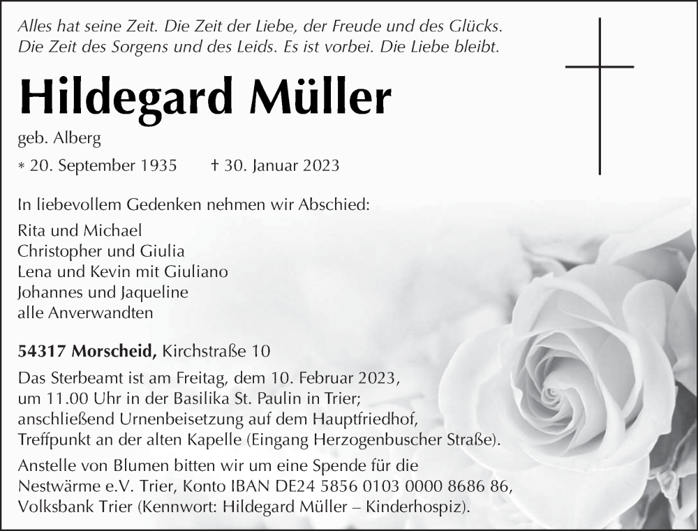  Traueranzeige für Hildegard Müller vom 04.02.2023 aus trierischer_volksfreund