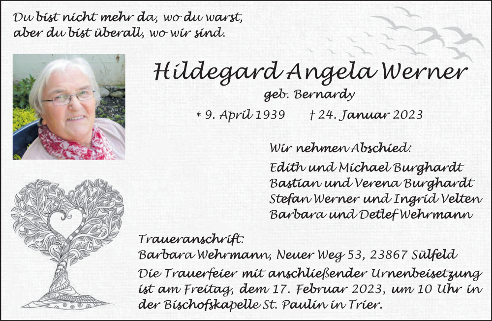  Traueranzeige für Hildegard Angela Werner vom 11.02.2023 aus trierischer_volksfreund