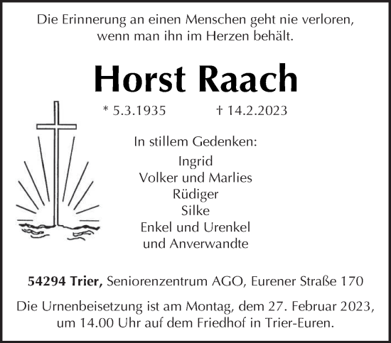 Traueranzeige von Horst Raach von trierischer_volksfreund